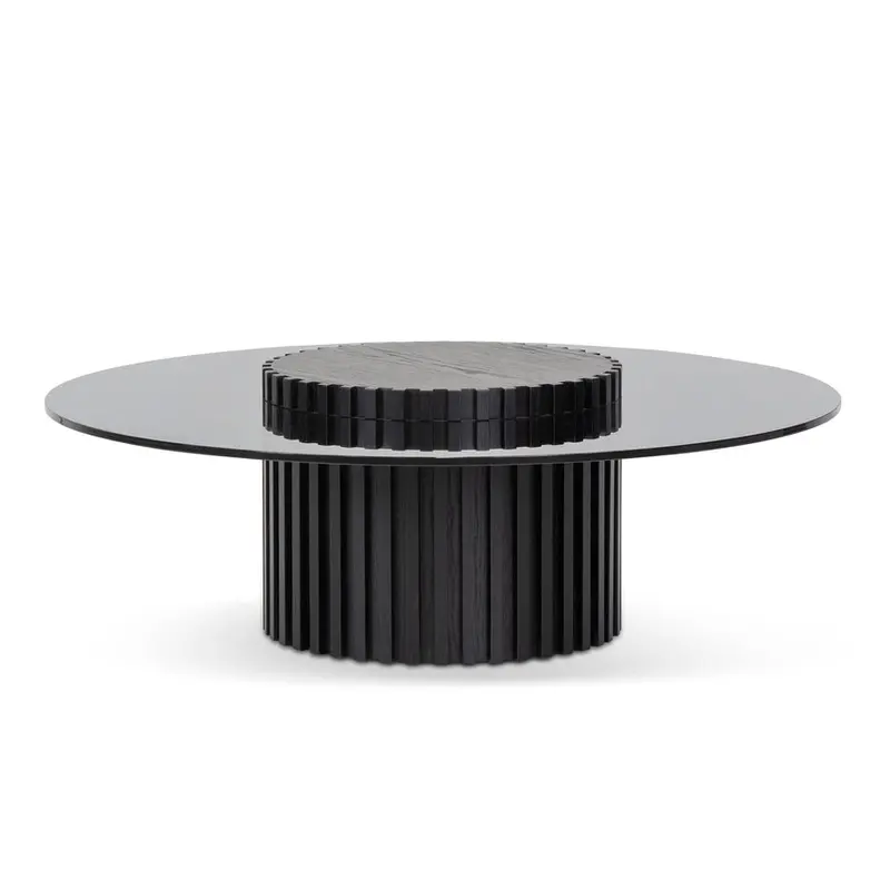 1.1M Large Round Glass Coffee Table – Black Powder-Coated Frame 1