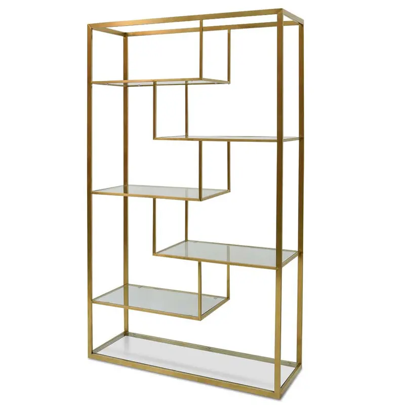 1.2M Glass Shelving Unit With Gold Metal Frame 1
