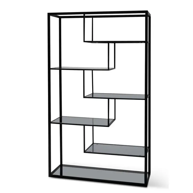 1.2M Grey Glass Shelving Unit With Black Steel Frame 1