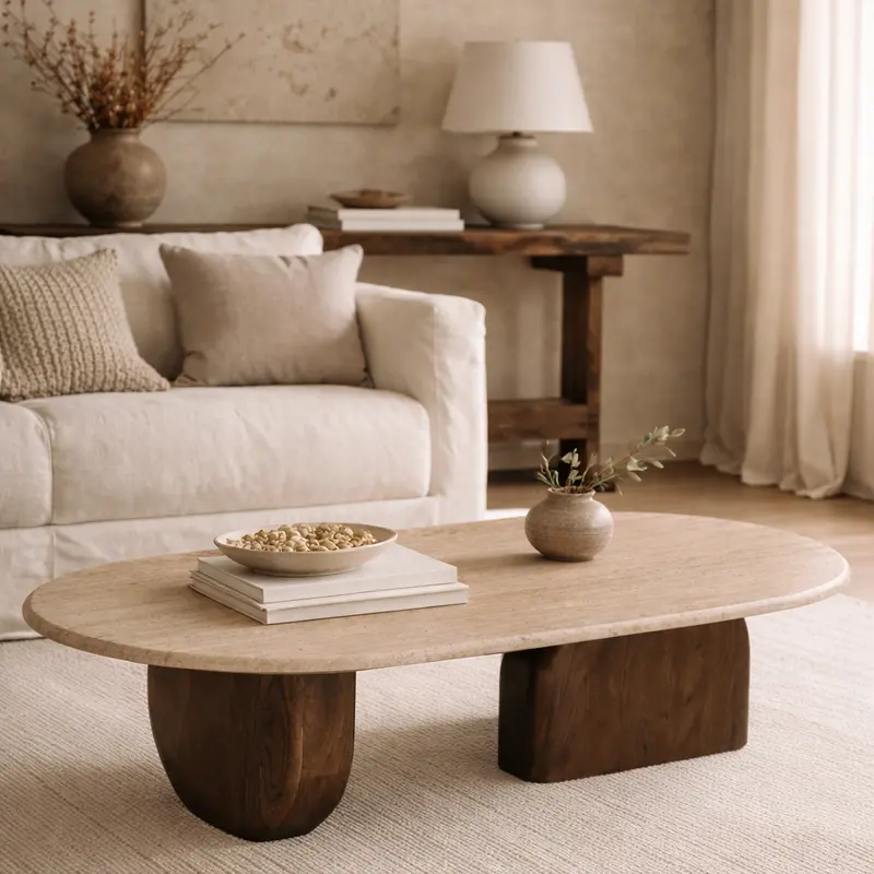 1.2M Walnut-Base Oval Coffee Table With Travertine Top 1
