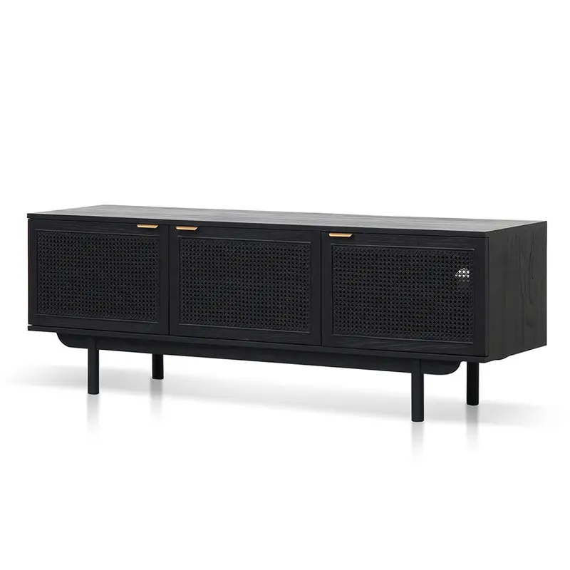 1.7M Elm Black Tv Stand With Natural Rattan Door Accents 1