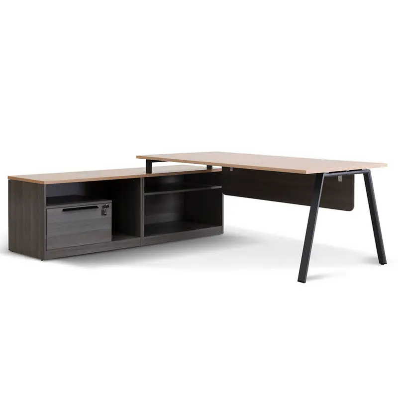 1.8M Left-Return Office Desk – Black Frame With Natural Wood Top 1