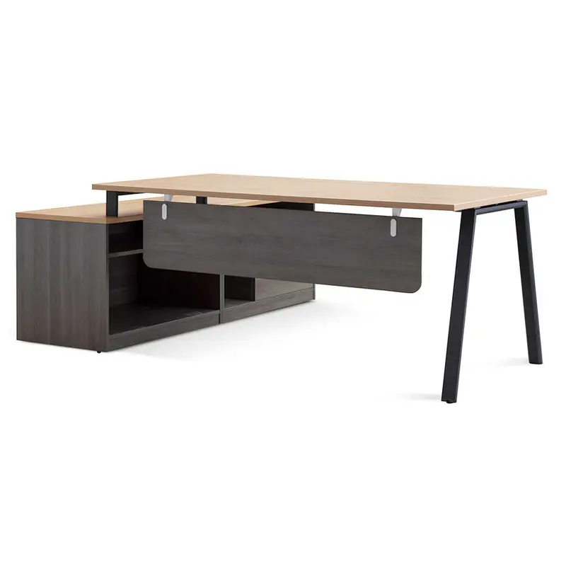 1.8M Right-Return Office Desk – Black Frame With Natural Wood Top 1