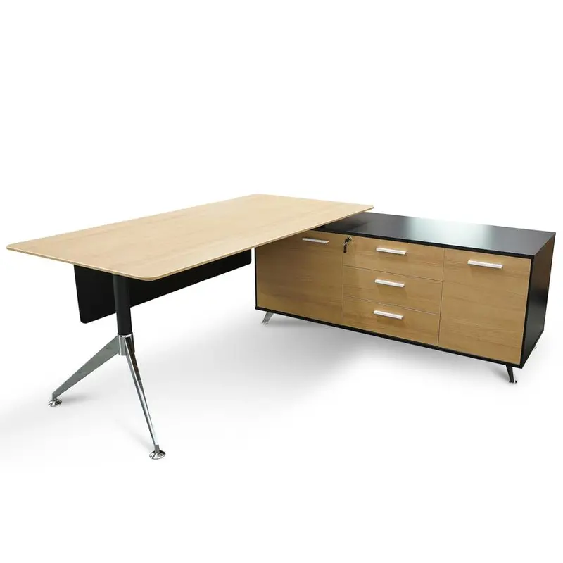 1.95M Executive Desk With Right Return – Black Frame & Natural Wood Top With Drawers 1
