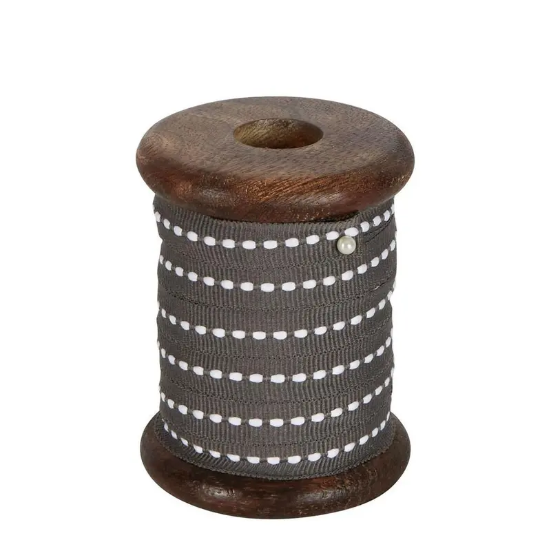 10-Metre Grey Ticking Grosgrain Ribbon On Wooden Spool 1