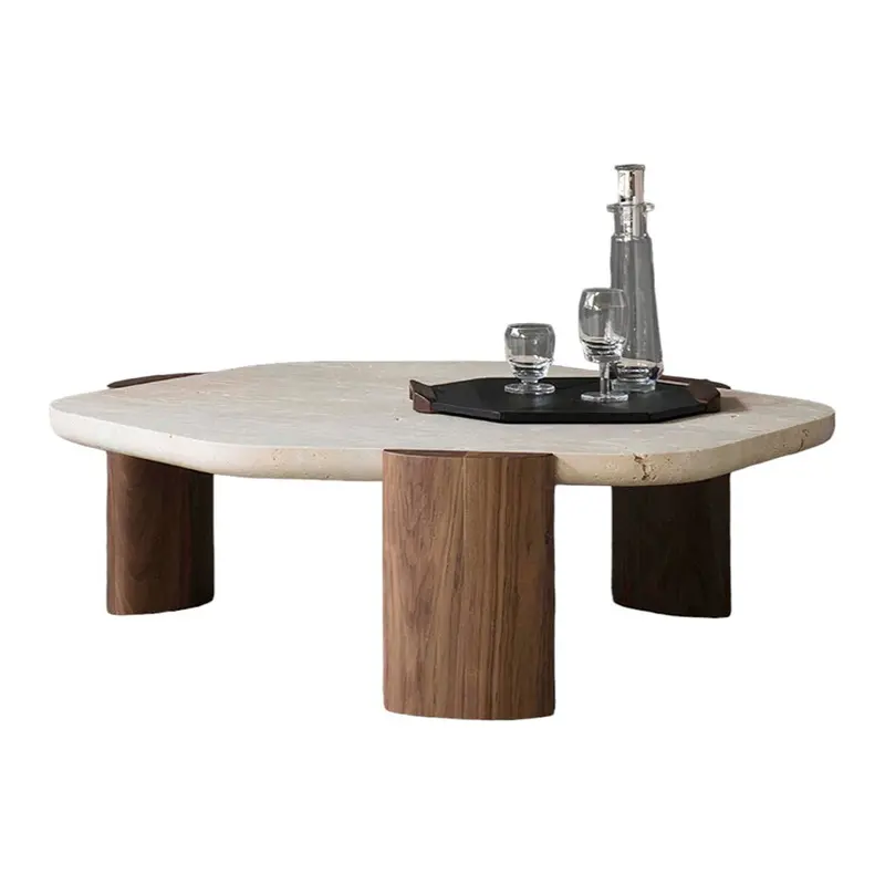 100Cm Travertine-Topped Coffee Table With Walnut Base 1