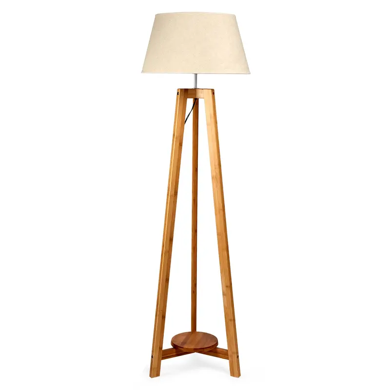 155Cm Bamboo Tripod Floor Lamp – Beige Linen Shade & Natural Wood Base 1