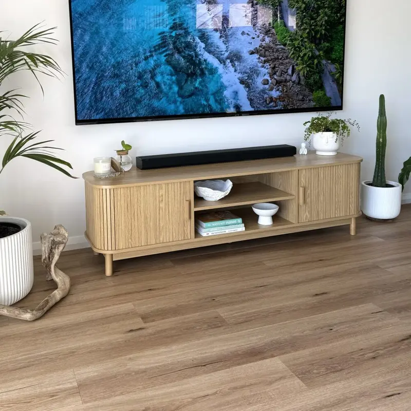 160Cm Natural-Finish Ribbed Entertainment Unit 1