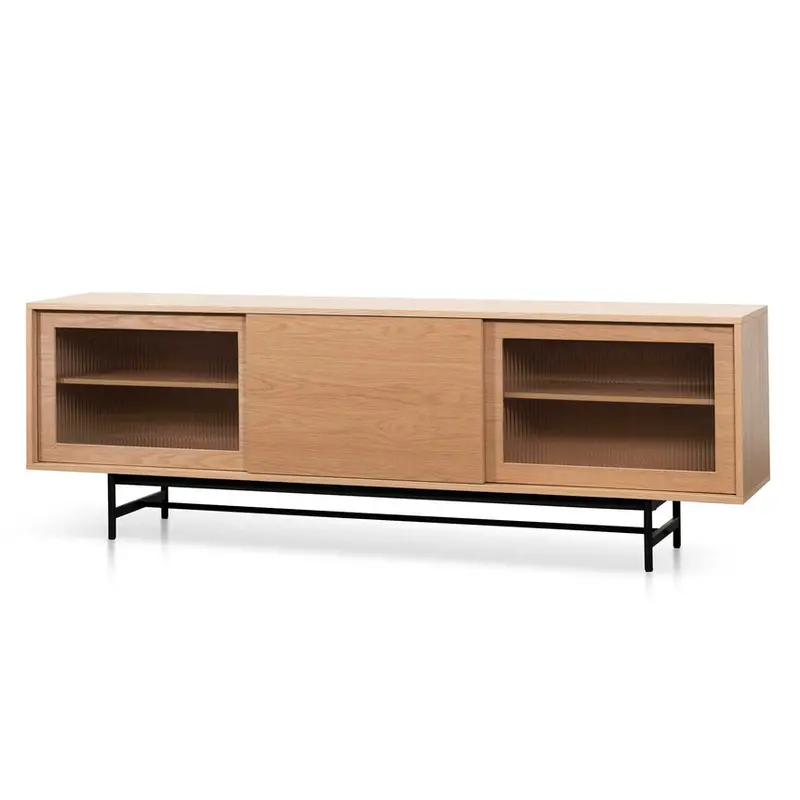 2.1M Natural Wood Tv Unit With Fluted Glass Doors 1