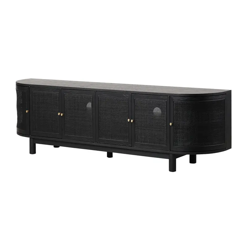2.2M Black Tv Unit Featuring Woven Rattan Cabinet Doors 1