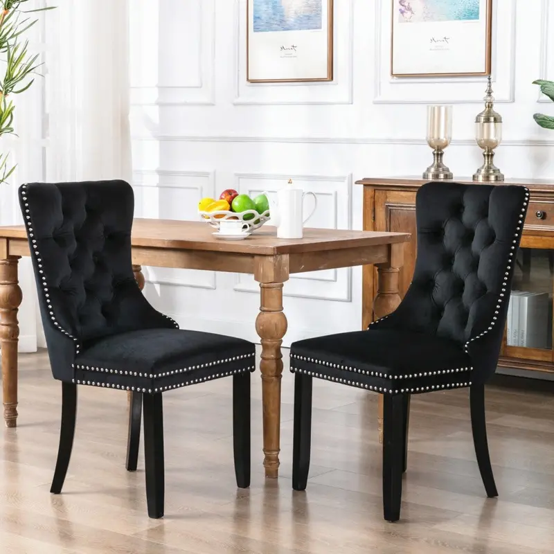 2-Pack Black Velvet Tufted Dining Chairs – Ring-Stud Embellishment And Natural Wood Legs 1