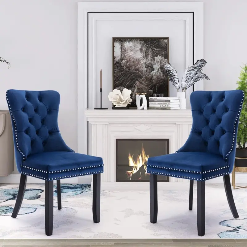 2-Pack Blue Velvet Tufted Dining Chairs Featuring Ring-Stud Trim And Solid Wood Base 1