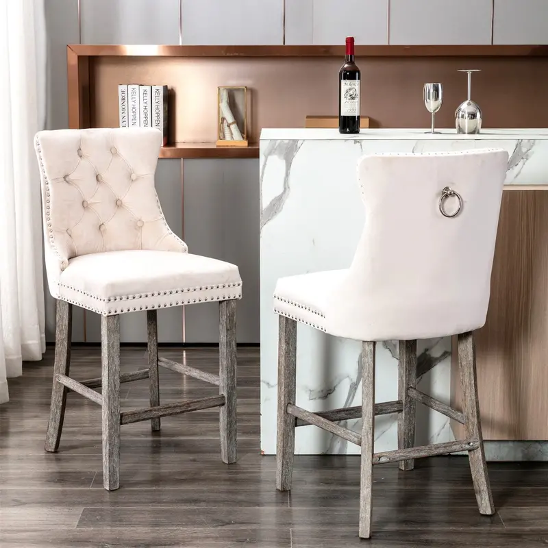 2-Pack Stylish Velvet Counter Stools – Tufted Design, Metallic Studs, And Wooden Base 1