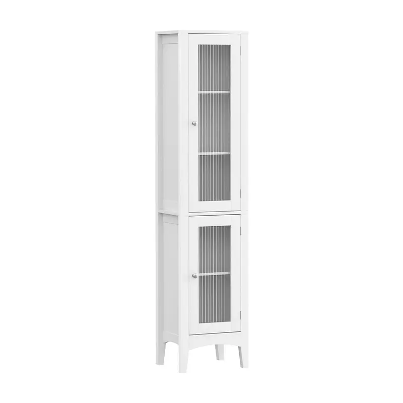 2-Piece Slim Floor Cabinet For Bathroom – 160Cm Tall Glass-Door Toilet Cupboard, White 1