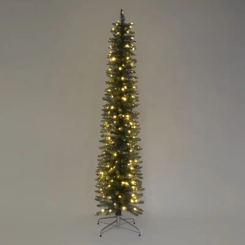 210Cm Silver-Green Slim Illuminated Pencil Tree – 200 Leds With Foot Pedal 1