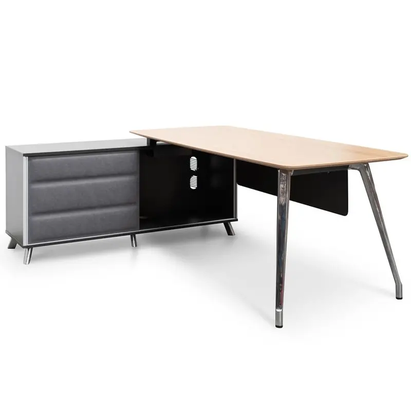 2M Office Desk With Left Return – Natural Wood Top & Black Frame 1
