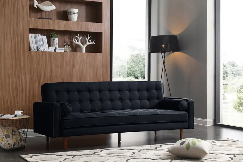 3-Seater Velvet Black Sofa Bed Featuring Button-Tufted Lounge Style 1
