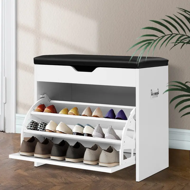 3-Tier White Shoe Bench – Compact 15-Pair Storage Rack With Seating 1
