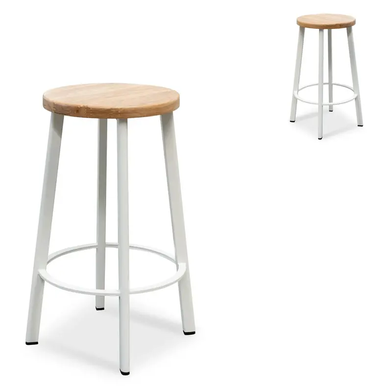 65Cm Bar Stools With Natural Timber Seat & White Frame – Set Of 2 1