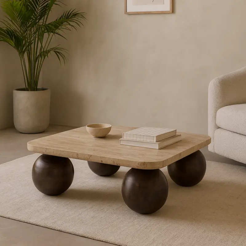 90Cm Walnut-Base Coffee Table With Travertine Top 1