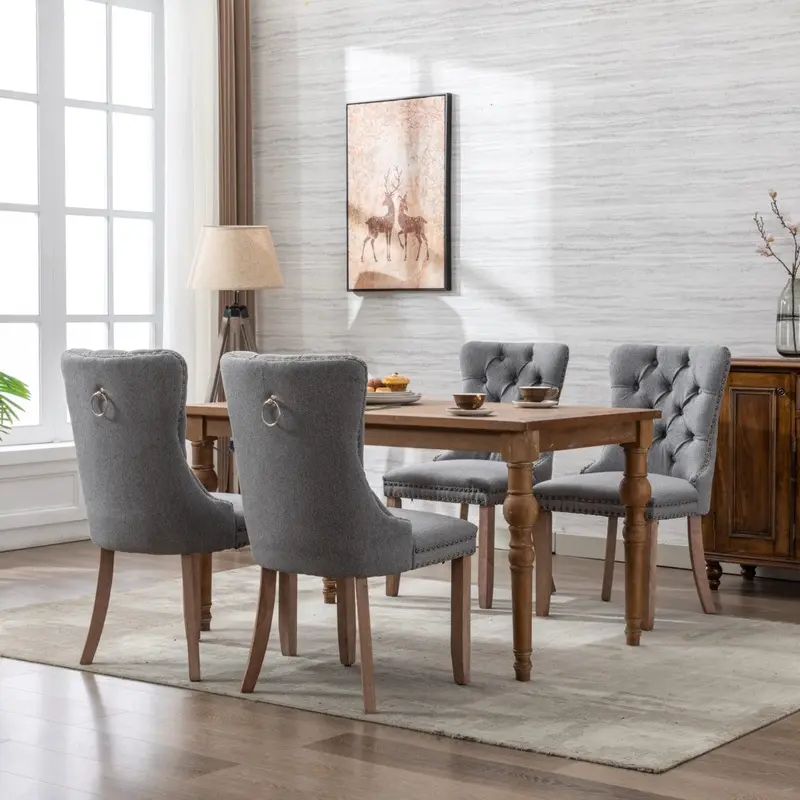 Aaden Button-Tufted Dining Side Chair – Elegant Gray Upholstered Seat With Wooden Legs 1