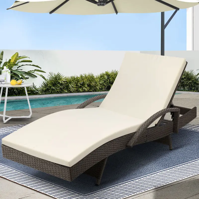 Adjustable Grey & Beige Wicker Sun Lounger – Outdoor Beach & Patio Recliner 1