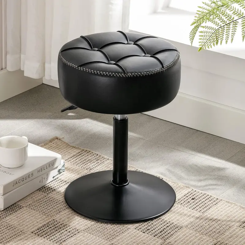 Adjustable Swivel Vanity Stool – Black Faux Leather Makeup Chair For Compact Spaces 1