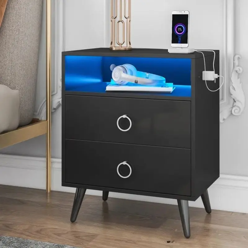 Amelia Modern Led Bedside Table With Usb Charging Port & Power Socket – Black 1