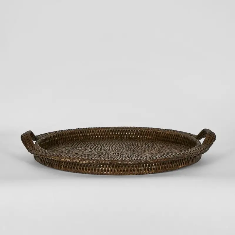 Antique-Brown Rattan Round Serving Tray With Handles 1