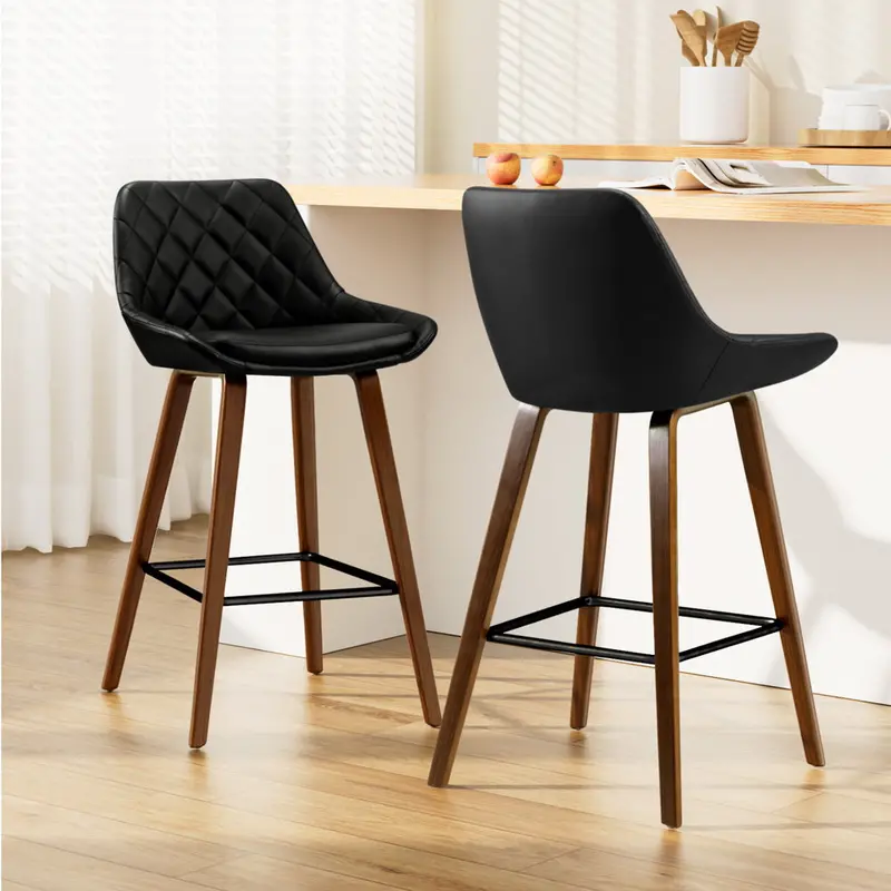 Artiss Bentwood Bar Stools – 2-Piece Black Leather Kitchen Chairs With Swivel Function 1