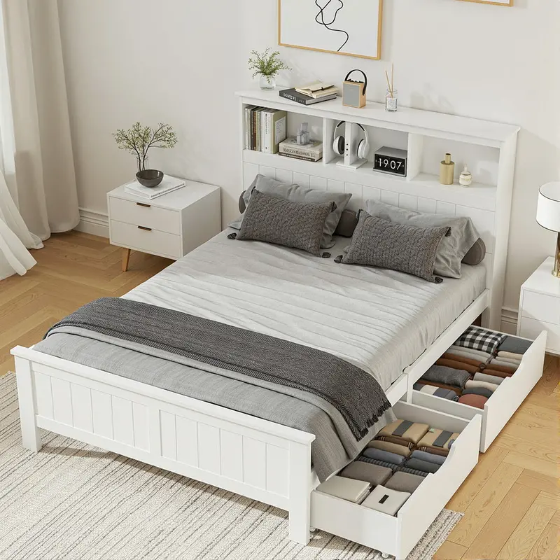 Artiss Double Wooden Bed Frame With White Upholstery & 3 Storage Shelves 1