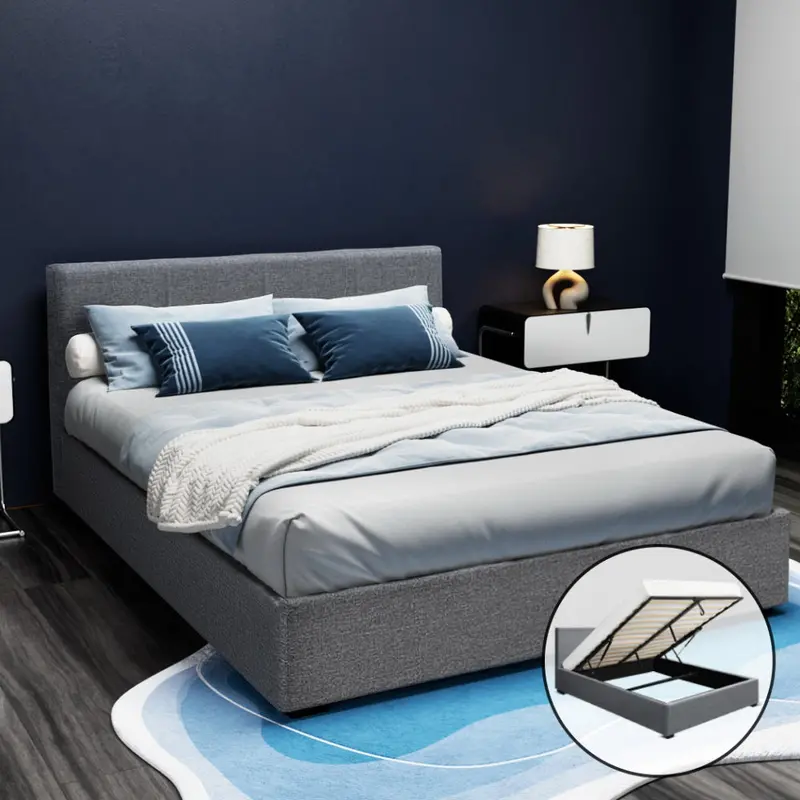 Artiss Grey Fabric And Wood Queen Bed Frame With Integrated Headboard 1