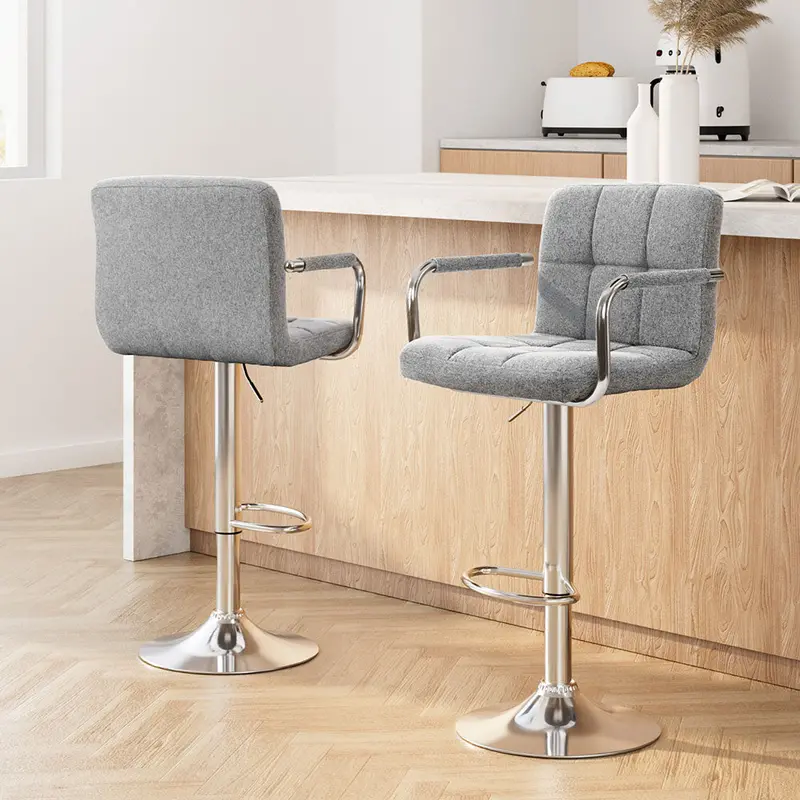 Artiss Grey Fabric Bar Stools – 2-Piece Swivel Gas-Lift Kitchen Chairs With Chrome Base 1