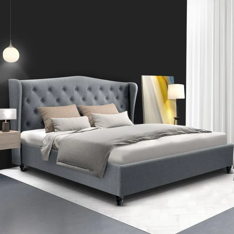 Artiss Grey Upholstered Wooden King Bed Frame With Headboard 1