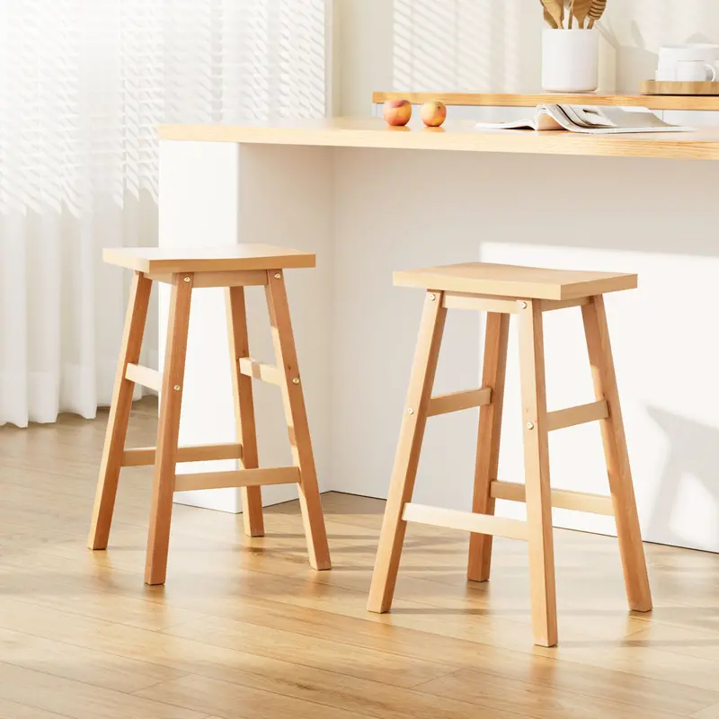 Artiss Natural-Finish Wooden Backless Bar Stools (Set Of 2) 1
