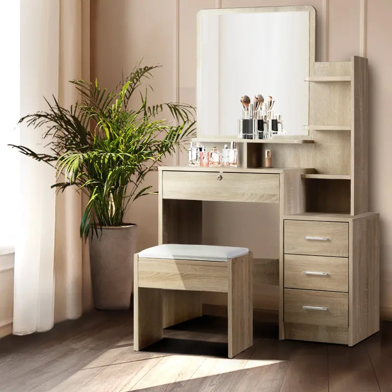Artiss Oak Dressing Table And Stool Set With 4 Drawers 1