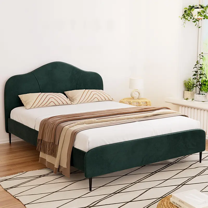 Artiss Olan Queen Bed Frame – Luxe Dark Green Velvet Upholstered Frame 1