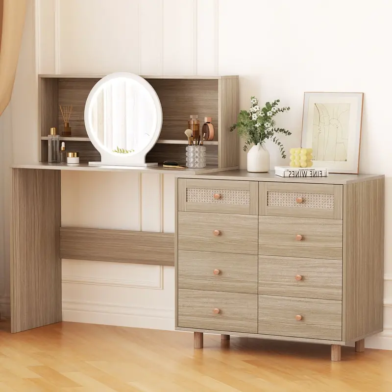 Artiss Pine Dressing Table Set With Led Mirror & Matching Stool 1