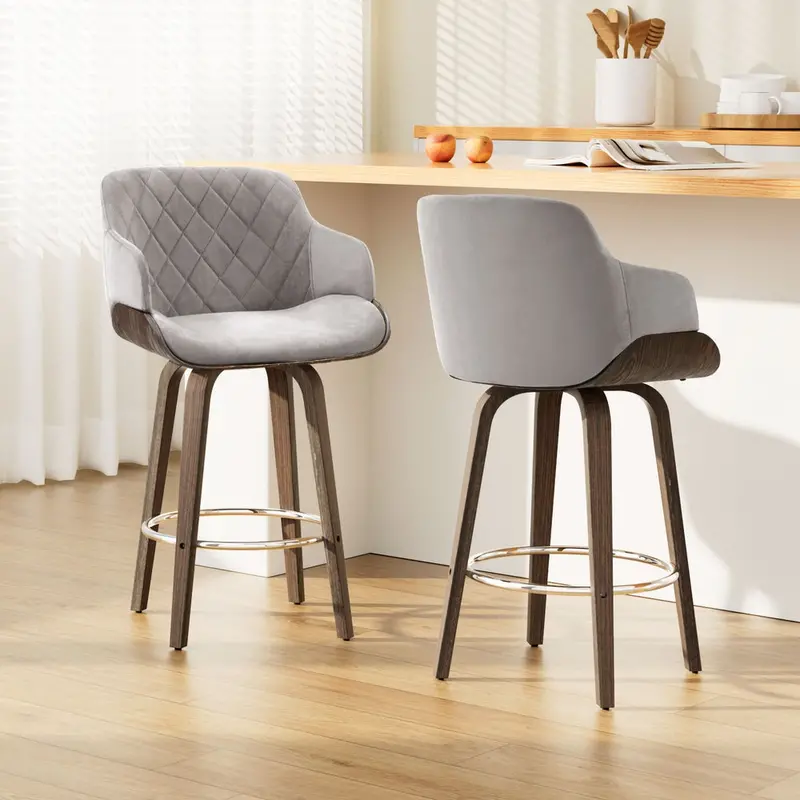 Artiss Swivel Bar Stools – Velvet-Padded Seats With Wooden Bases (2-Pack) 1