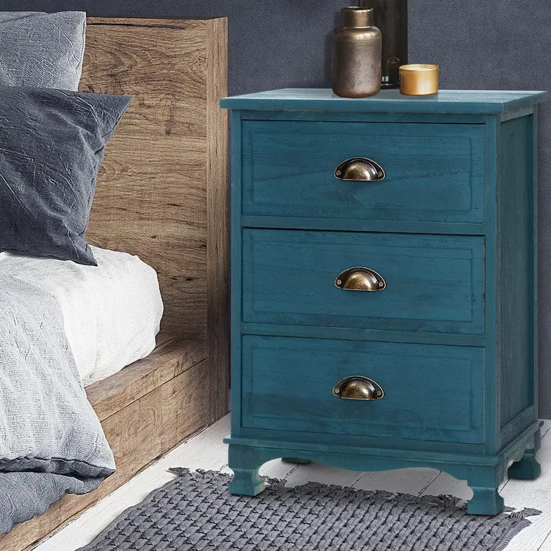 Artiss Vintage-Blue Bedside Cabinet With Drawer And Rattan Accents 1