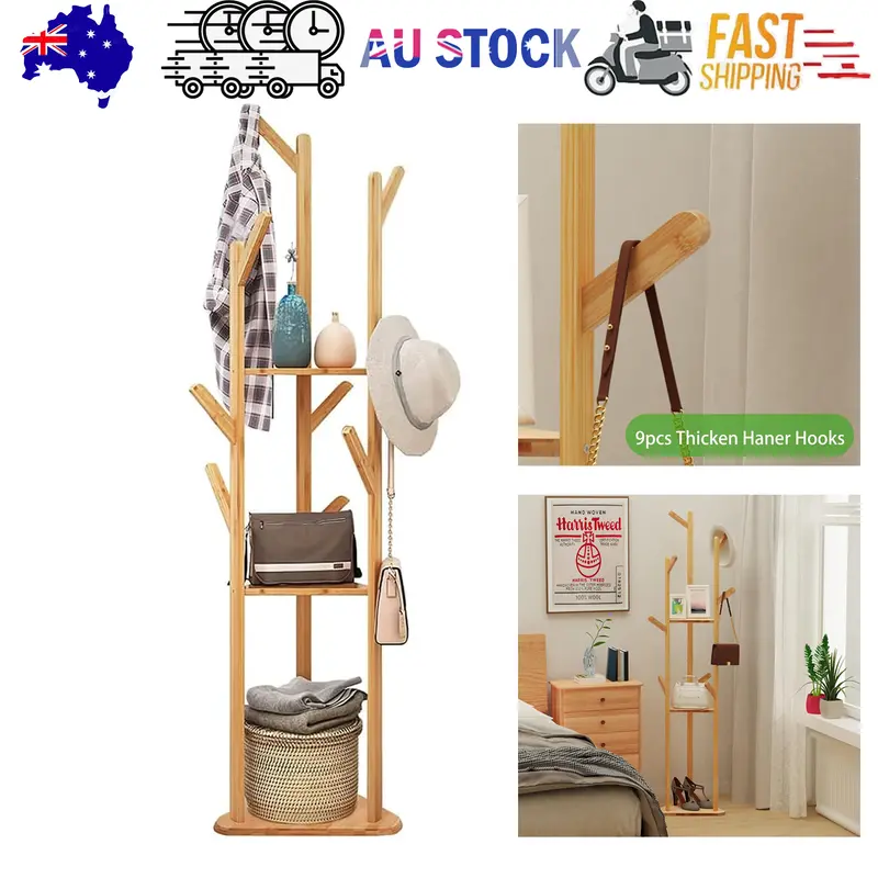 Bamboo Garment Rack With Hooks, Shelf, And Hat/Bag Storage – Modern Floor Stand 1