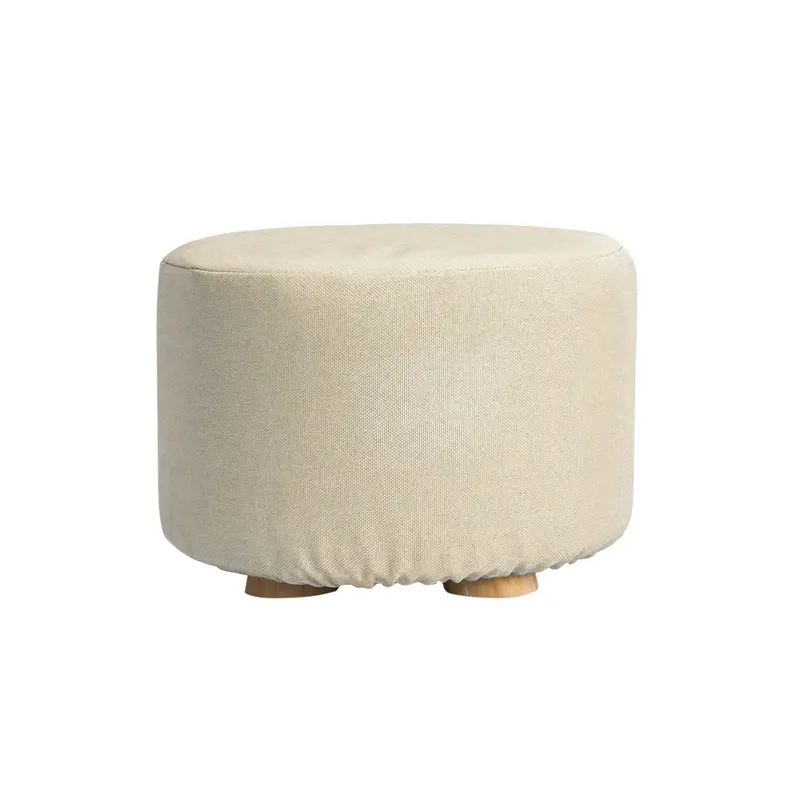 Beige Fabric Round Ottoman – Wooden Leg Footstool For Living Room Or Bedroom 1
