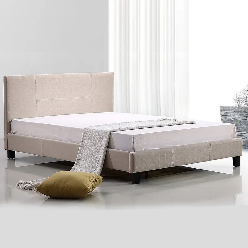 Beige Linen Queen Bed Frame – Neutral-Tone Upholstered Platform Style 1