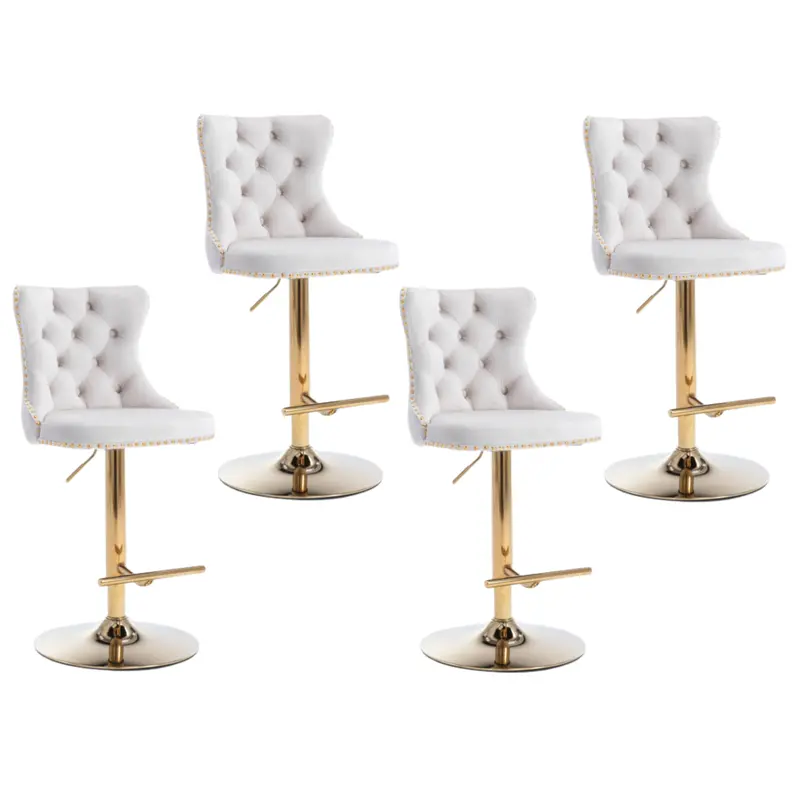 Beige Velvet Bar Stools – Height-Adjustable Swivel Seats With Gold Metal Base & Footring (4-Pack) 1