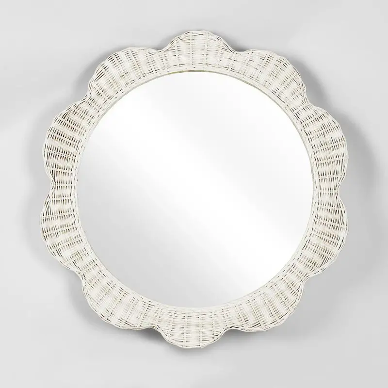 Belle Rattan Scallop-Edge Round Mirror – White Finish 1