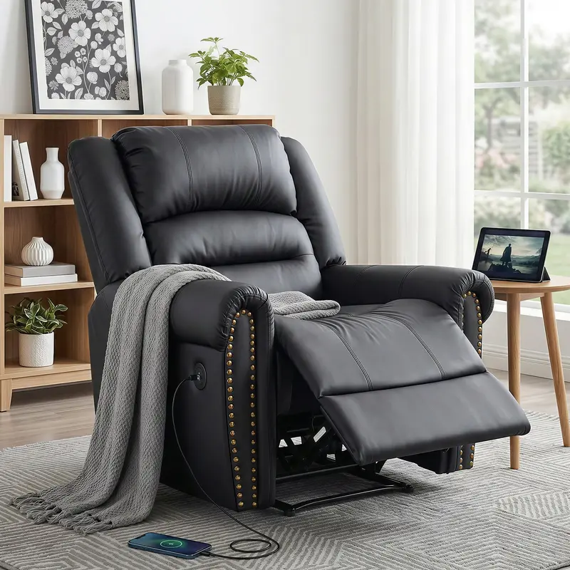 Black Leather Manual Recliner Armchair With Usb Charging, Wide 20Cm Armrests & 150Kg Capacity 1