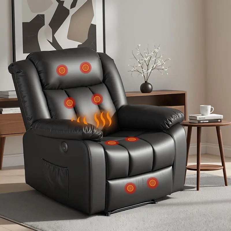 Black Leather Manual Recliner Chair With Usb Ports, 160° Recline, Lumbar Heat & 8-Point Vibration Massage 1