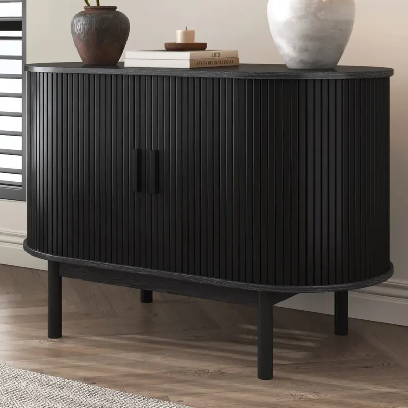 Black Ribbed Mid-Century Sideboard Cabinet – Retro-Inspired Storage Unit 1