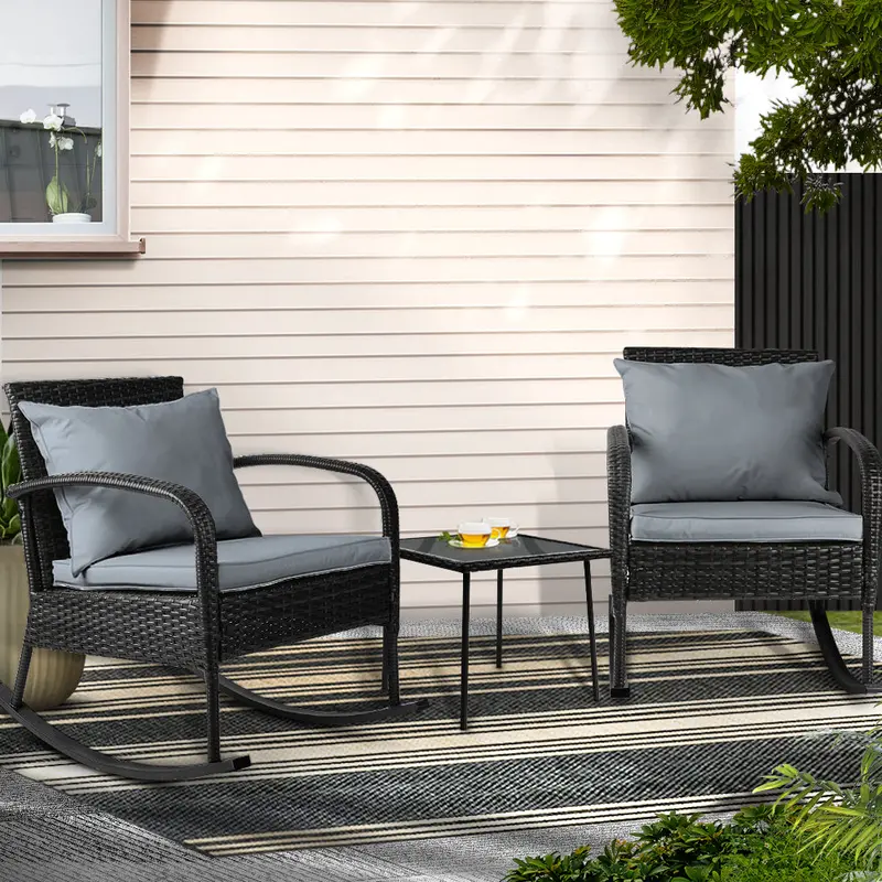 Black Wicker Rocking Bistro Set – 3-Piece Outdoor Patio Furniture With Table 1