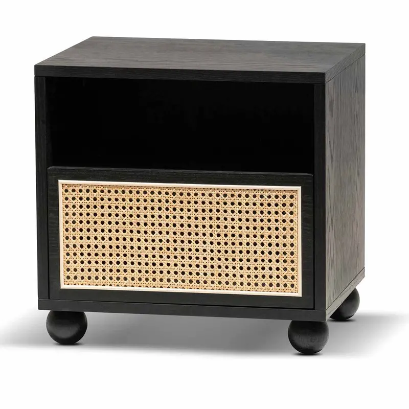 Black Wooden Side Table With Rattan Front Panel 1